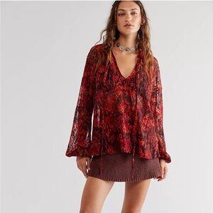 Free People Red and Black Sheer V-Neck Long Sleeve Top